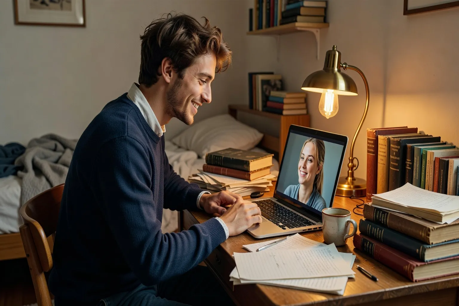 Étudiant en visioconférence souriante avec sa petite amie sur écran d'ordinateur, bureau avec livres, ambiance chaleureuse