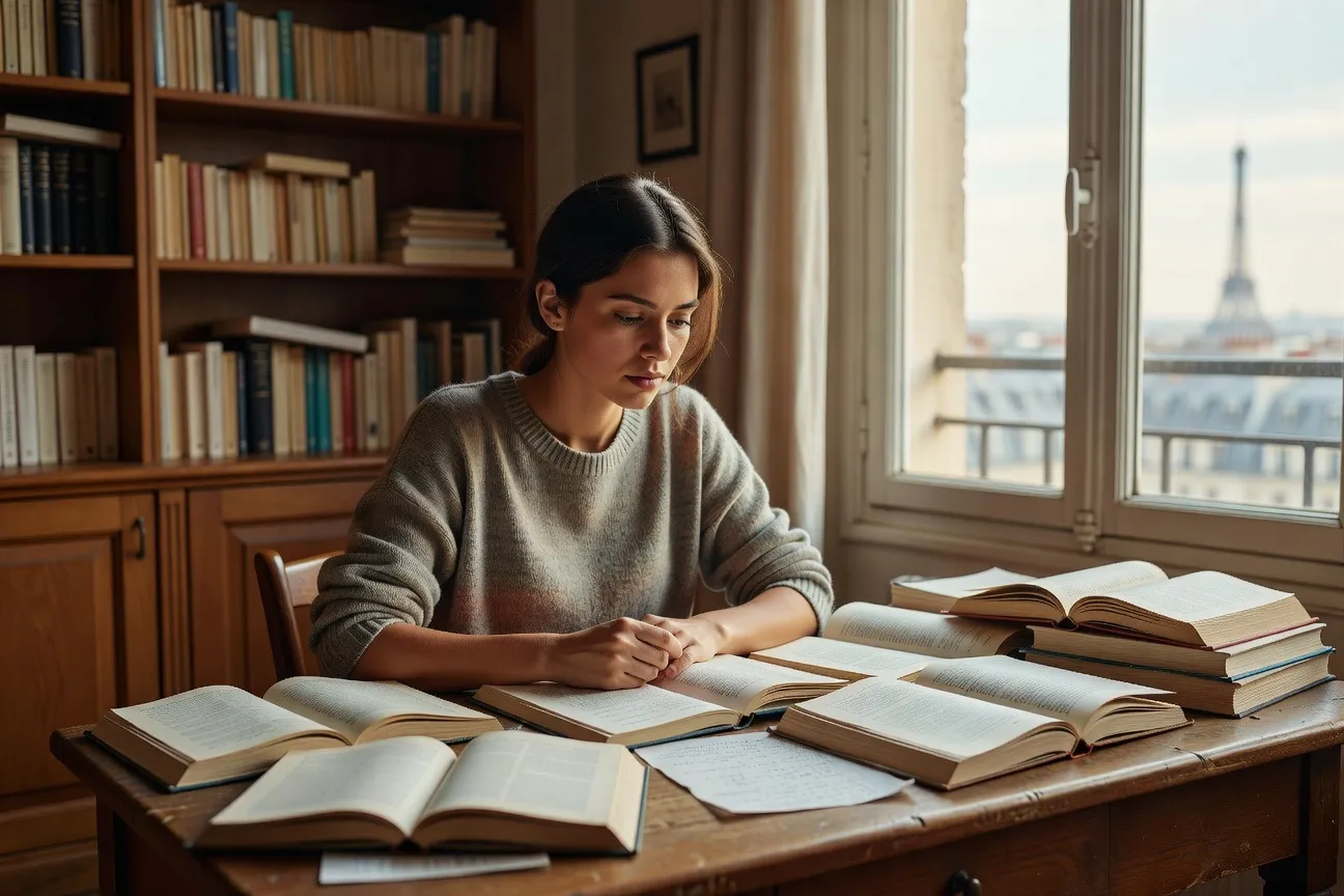 Étudiante assise devant des livres ouverts regardant par la fenêtre d'un air pensif