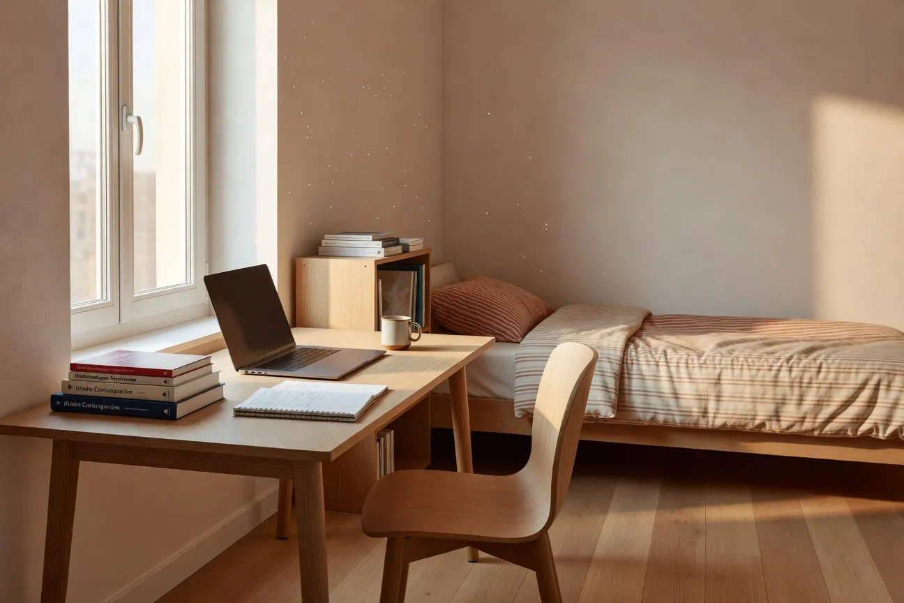 Chambre lumineuse d'une résidence étudiante moderne avec bureau et fenêtre