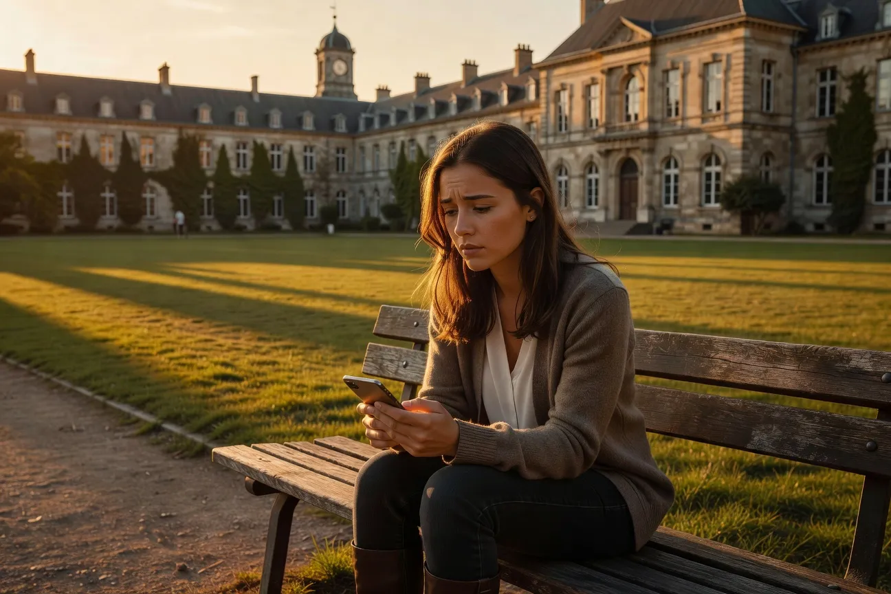 Étudiante regardant son téléphone sur un banc de campus, expression pensive