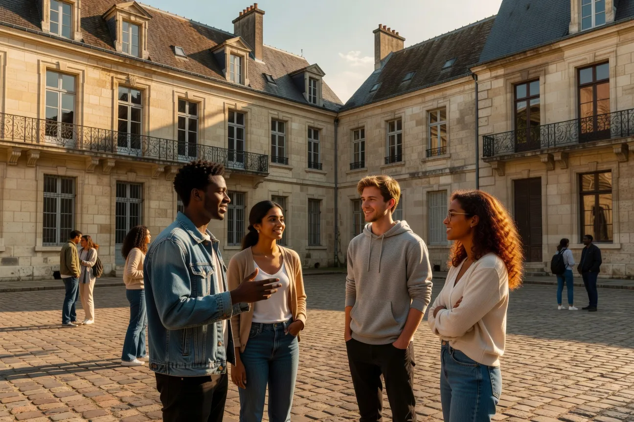 Groupe d'étudiants en discussion animée dans la cour d'une faculté