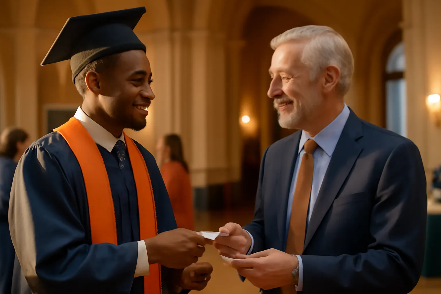 Étudiante et alumni échangeant chaleureusement lors d'un événement de mentorat sur un campus universitaire