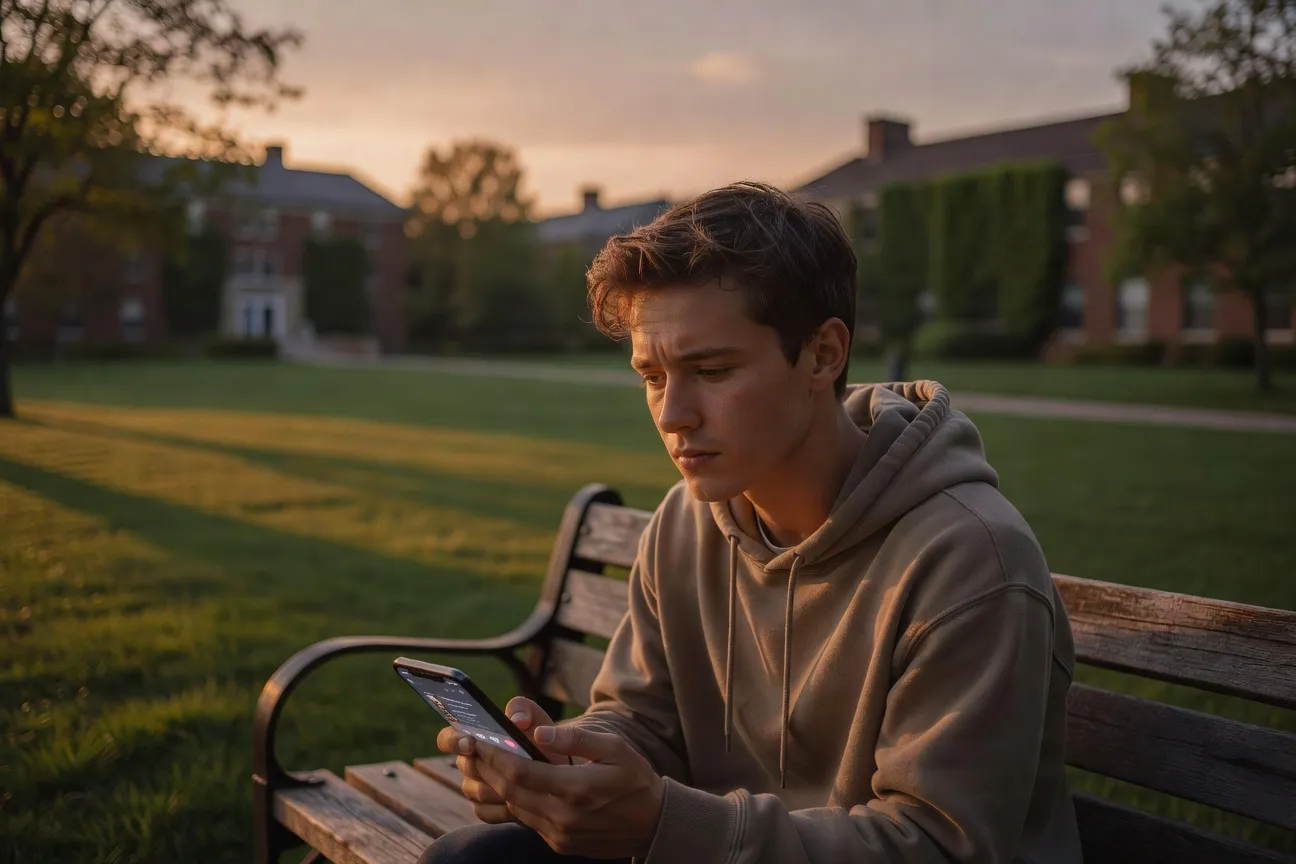 Jeune étudiant regardant son téléphone avec des expressions d'apps de rencontre floues, air pensif et fatigué