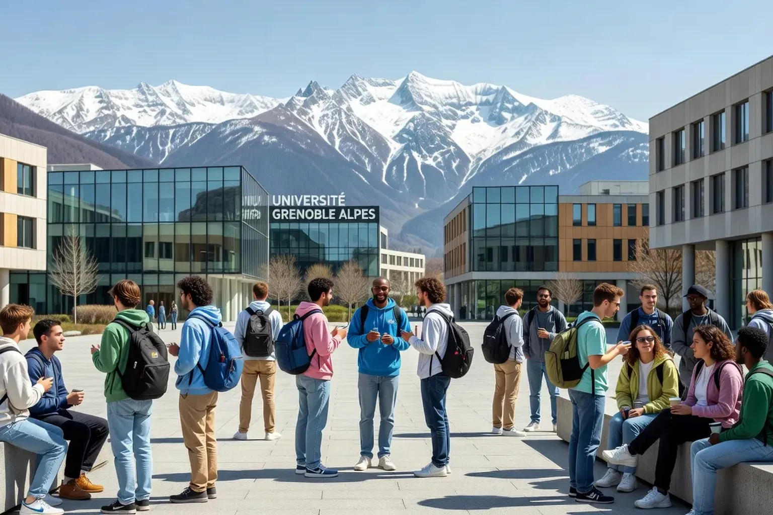 Étudiants sur le campus de l'Université Grenoble Alpes avec les montagnes en arrière-plan