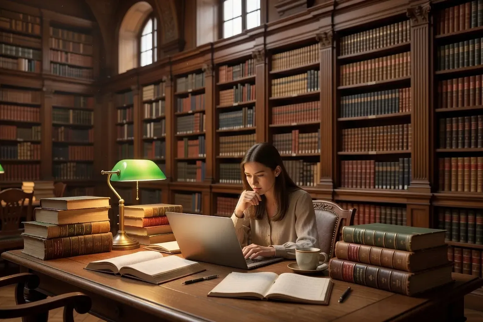Étudiant en bibliothèque universitaire française, entouré de livres et d'un ordinateur portable
