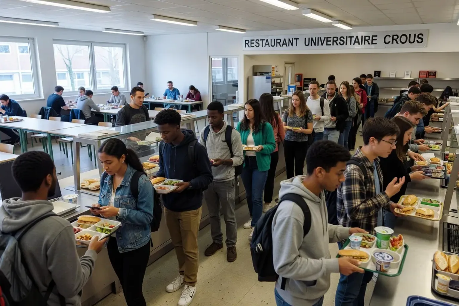 File d'attente au restaurant universitaire (CROUS), étudiants avec plateaux-repas, ambiance campus