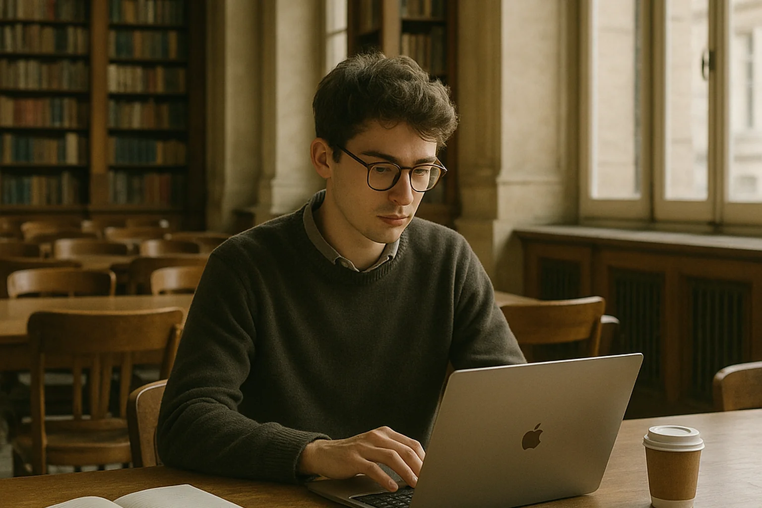 Étudiant travaillant seul dans une bibliothèque universitaire, ordinateur et tasse, lumière tamisée