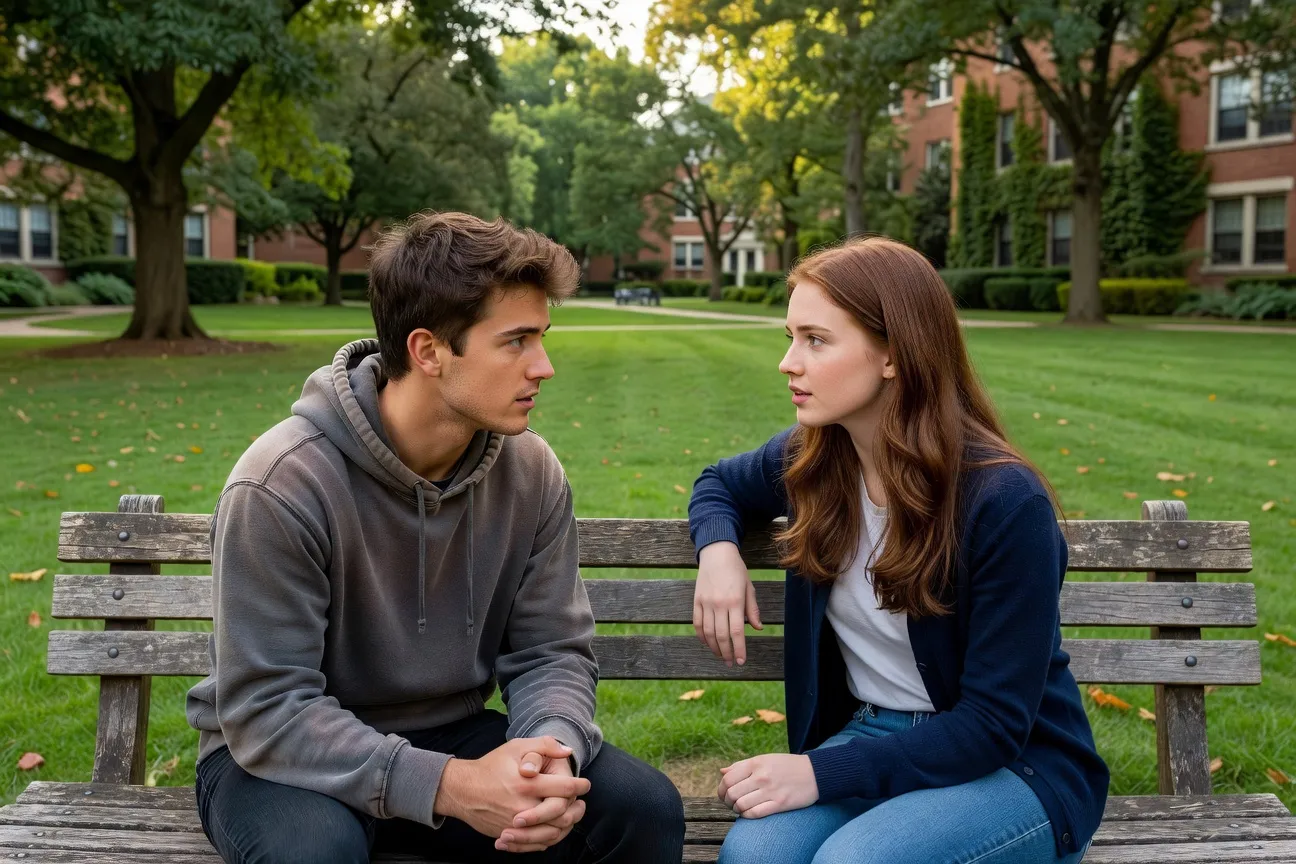 Couple d'étudiants en discussion sérieuse sur un banc de campus, attitude ouverte et attentive