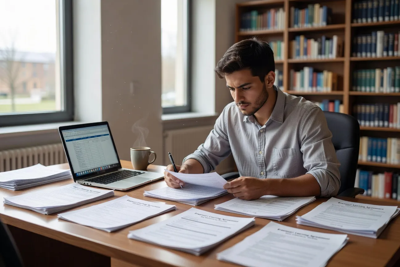Étudiants devant un tableau de bord avec documents administratifs Erasmus, convention d'études en gros plan