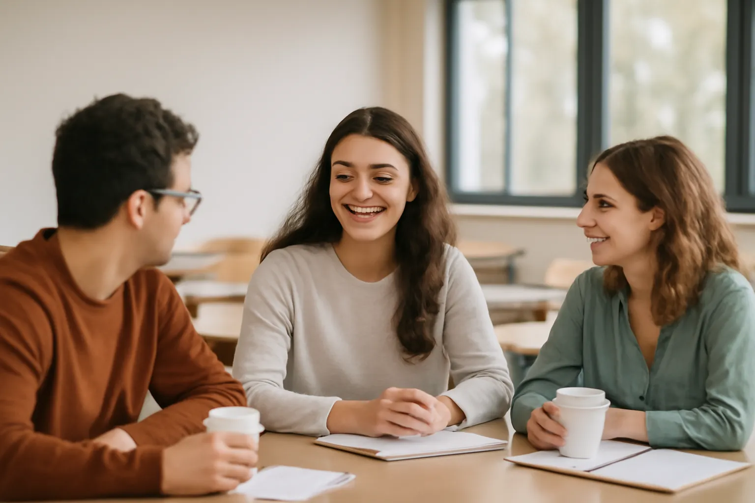 Une jeune femme adulte étudiante échange avec deux camarades après une séance de tutorat.