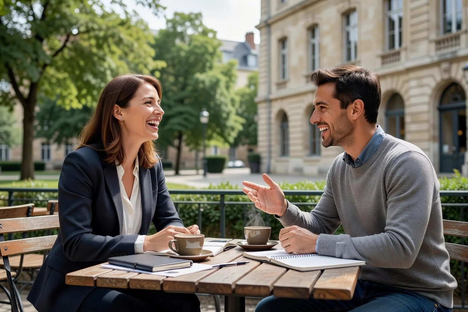 Deux étudiants adultes discutant à la terrasse d'un café universitaire en fin d'après-midi, carnets et cafés sur la table, ambiance détendue et chaleureuse