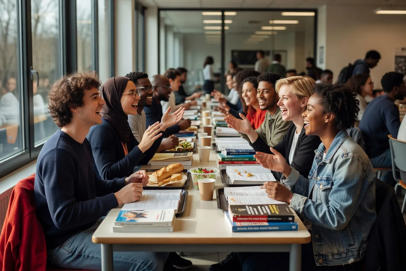 Étudiants autour d'une table de cafétéria universitaire, conversation animée, premier semestre