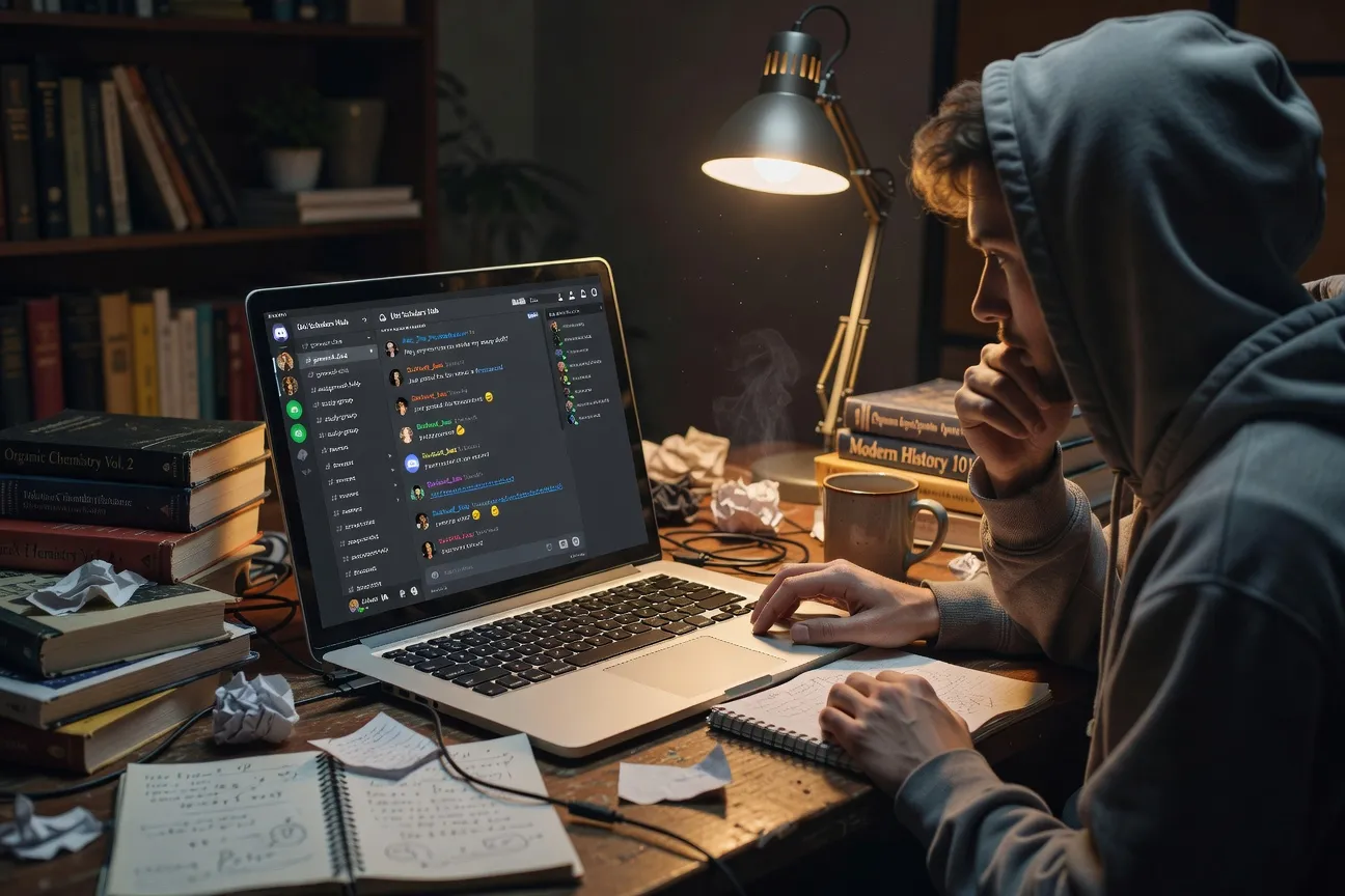 Écran d'ordinateur montrant un serveur Discord étudiant avec des canaux de discussion animés