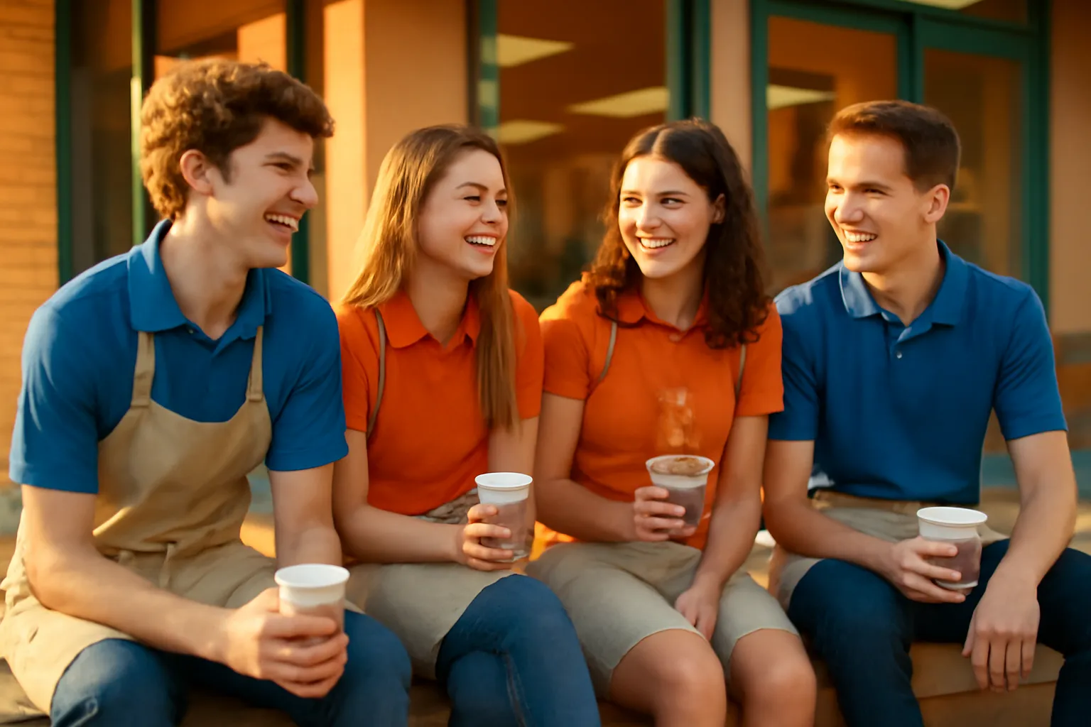 Groupe d'étudiants et jeunes collègues échangeant leurs contacts après un service, ambiance conviviale