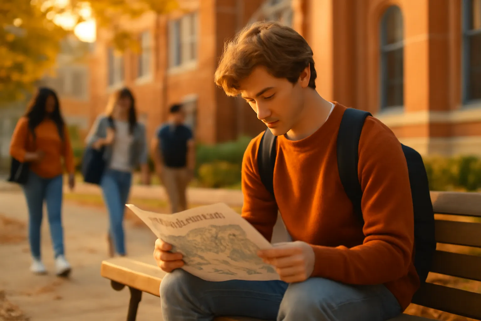 Groupe d'étudiants qui échangent en petit comité pendant une pause entre deux cours à la rentrée