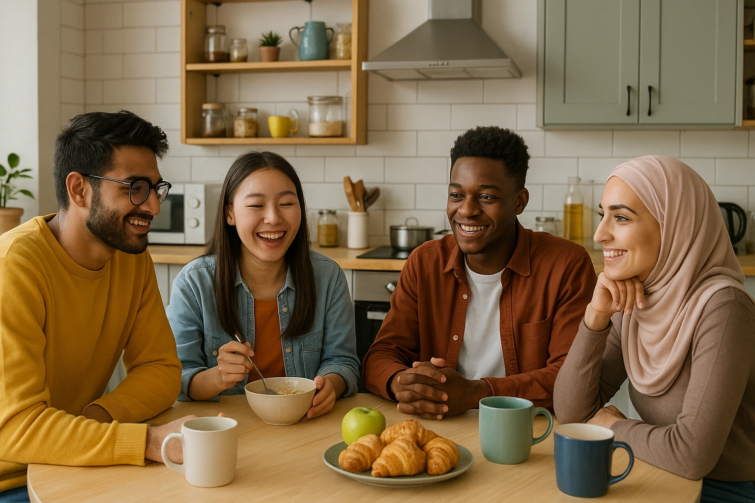 Étudiants internationaux autour d'une table dans une cuisine partagée