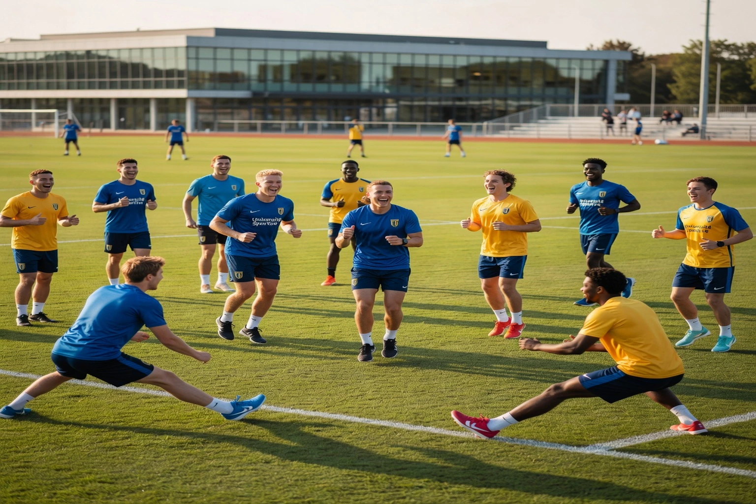 Groupe d'étudiants s'échauffant ensemble avant un entraînement sportif universitaire