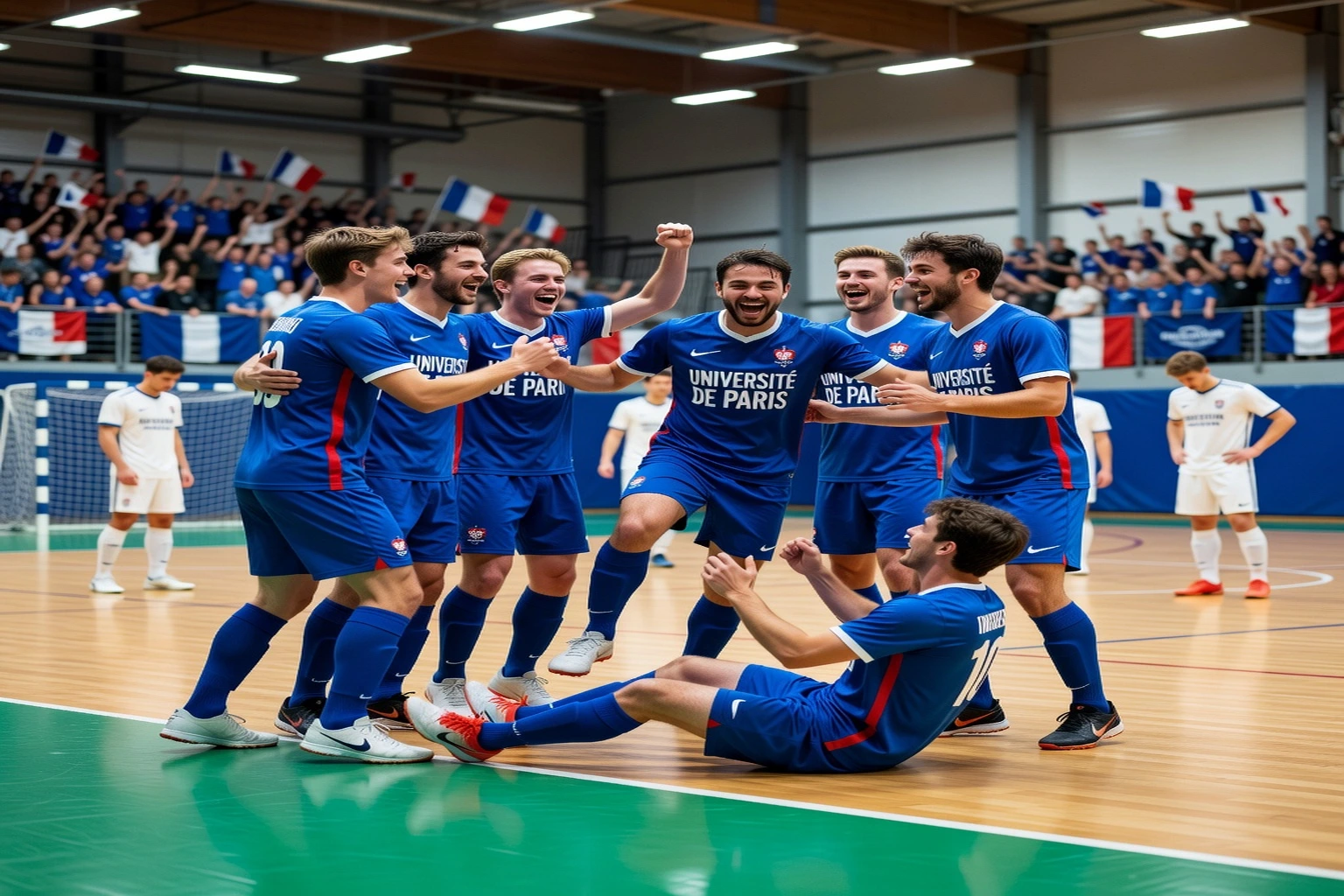 Étudiants célébrant un but lors d'un match de futsal universitaire