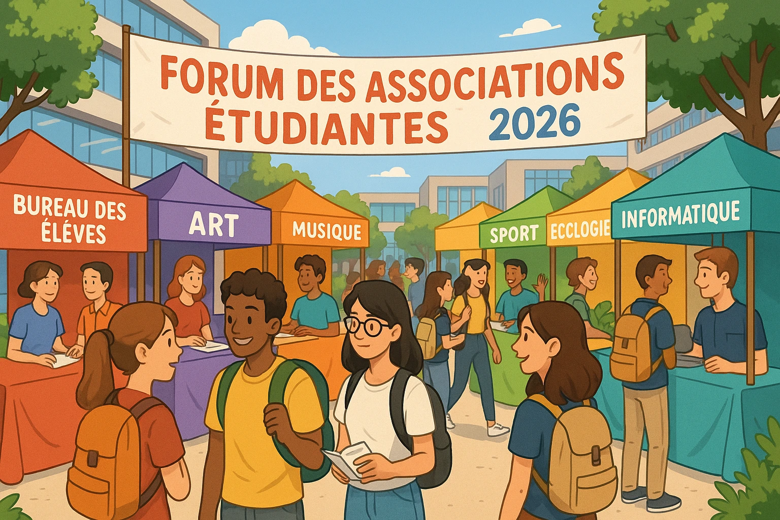 Forum des associations étudiantes sur un campus en 2026
