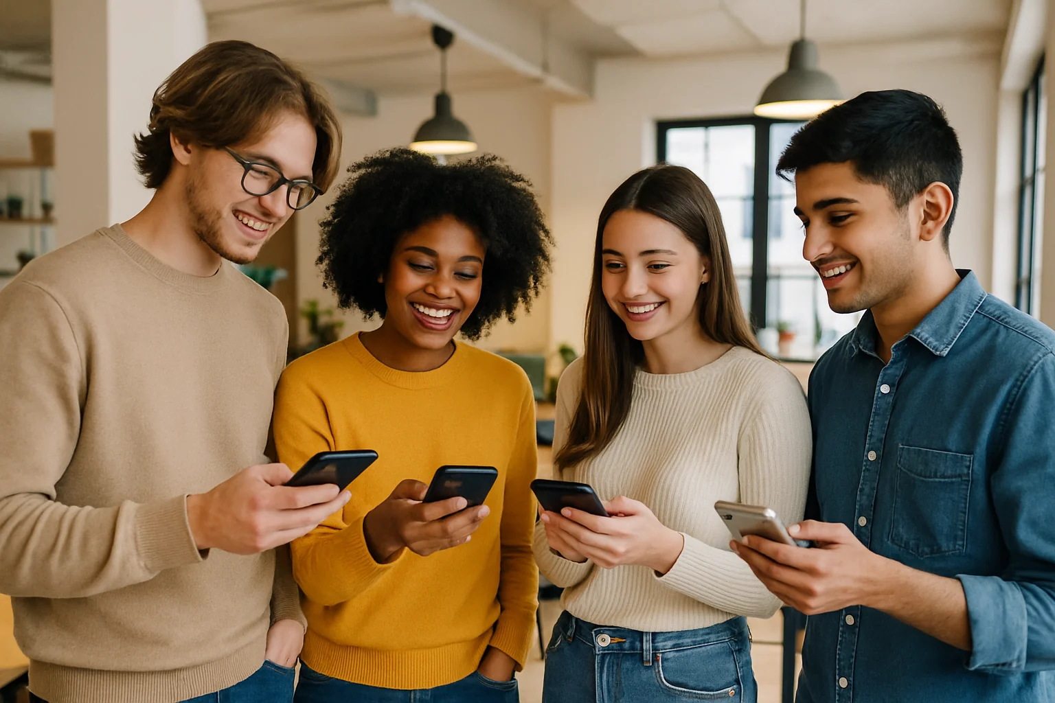 Groupe d'alternants échangeant sur un canal de discussion étudiant depuis leurs smartphones
