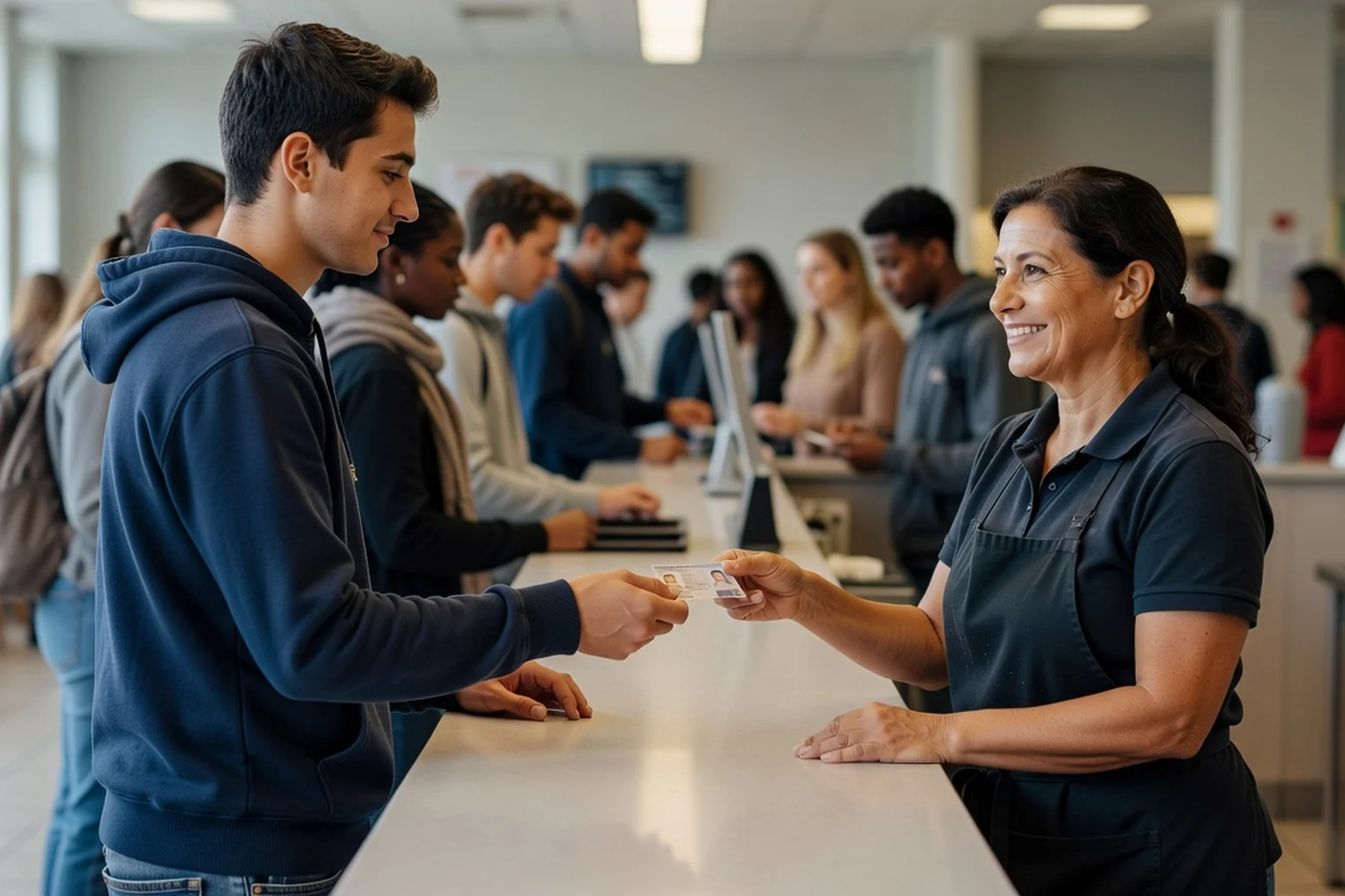 Étudiant présentant sa carte étudiante pour payer son plateau au comptoir d'un restaurant universitaire CROUS