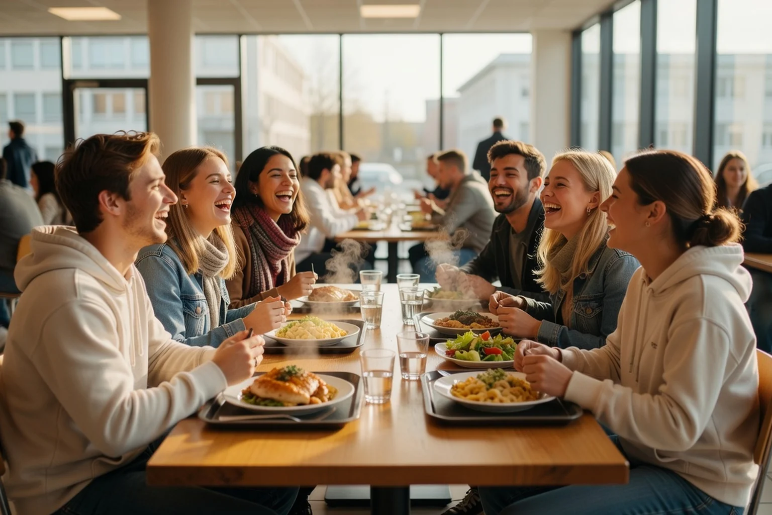 Groupe d'étudiants riant ensemble autour d'une longue table de restaurant universitaire, plateaux fumants et grandes baies vitrées