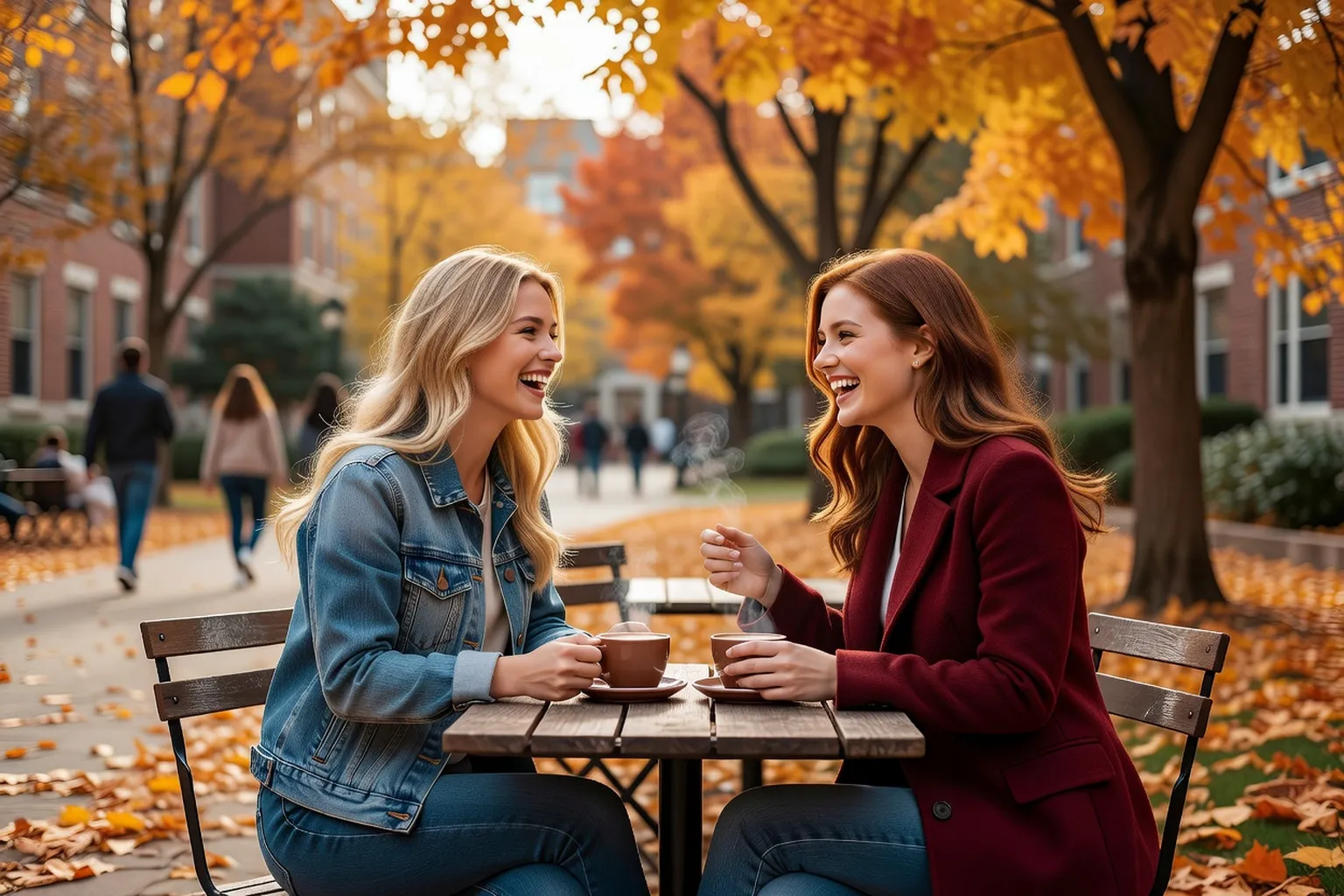 Deux étudiantes riant ensemble en terrasse de café sur un campus en automne