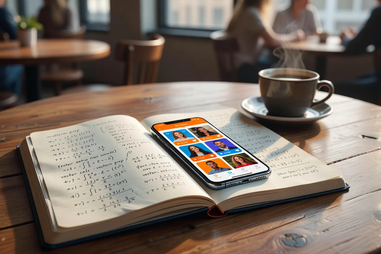 Smartphone posé sur cahier de cours étudiant montrant interface d'application de rencontre, café à côté