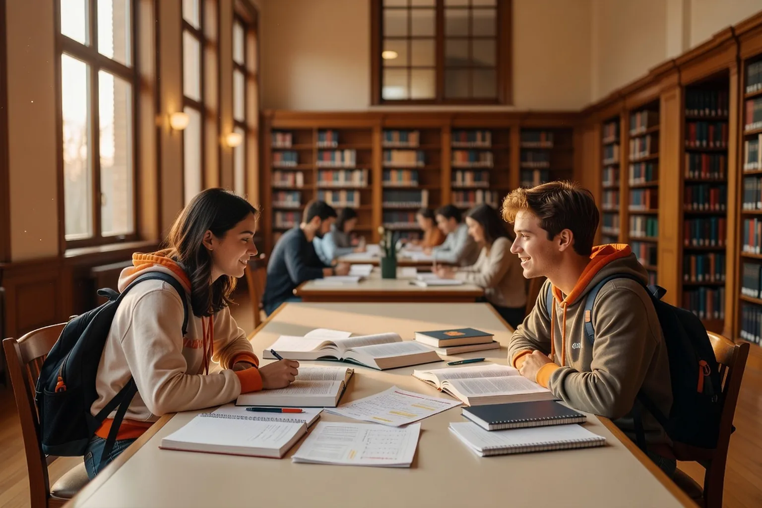 Deux étudiants majeurs assis à une table partagée dans une bibliothèque universitaire, livres et notes étalés entre eux