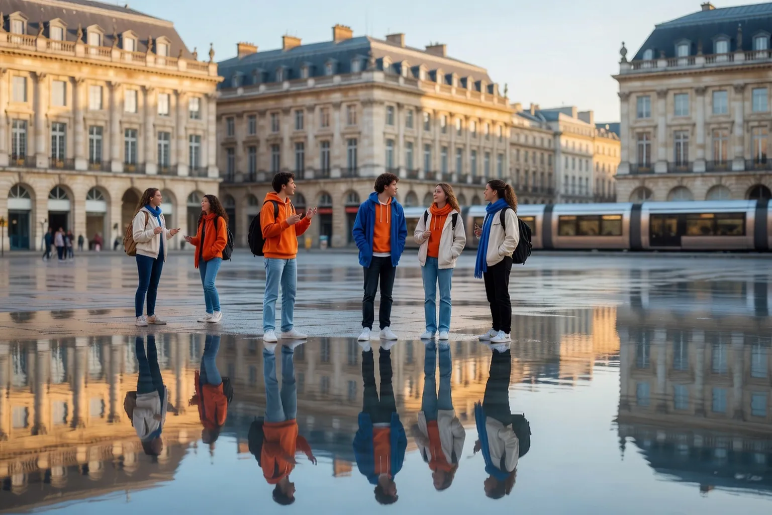 Étudiants devant la place de la Bourse à Bordeaux avec tramway et façades XVIIIe en arrière-plan, fin de journée