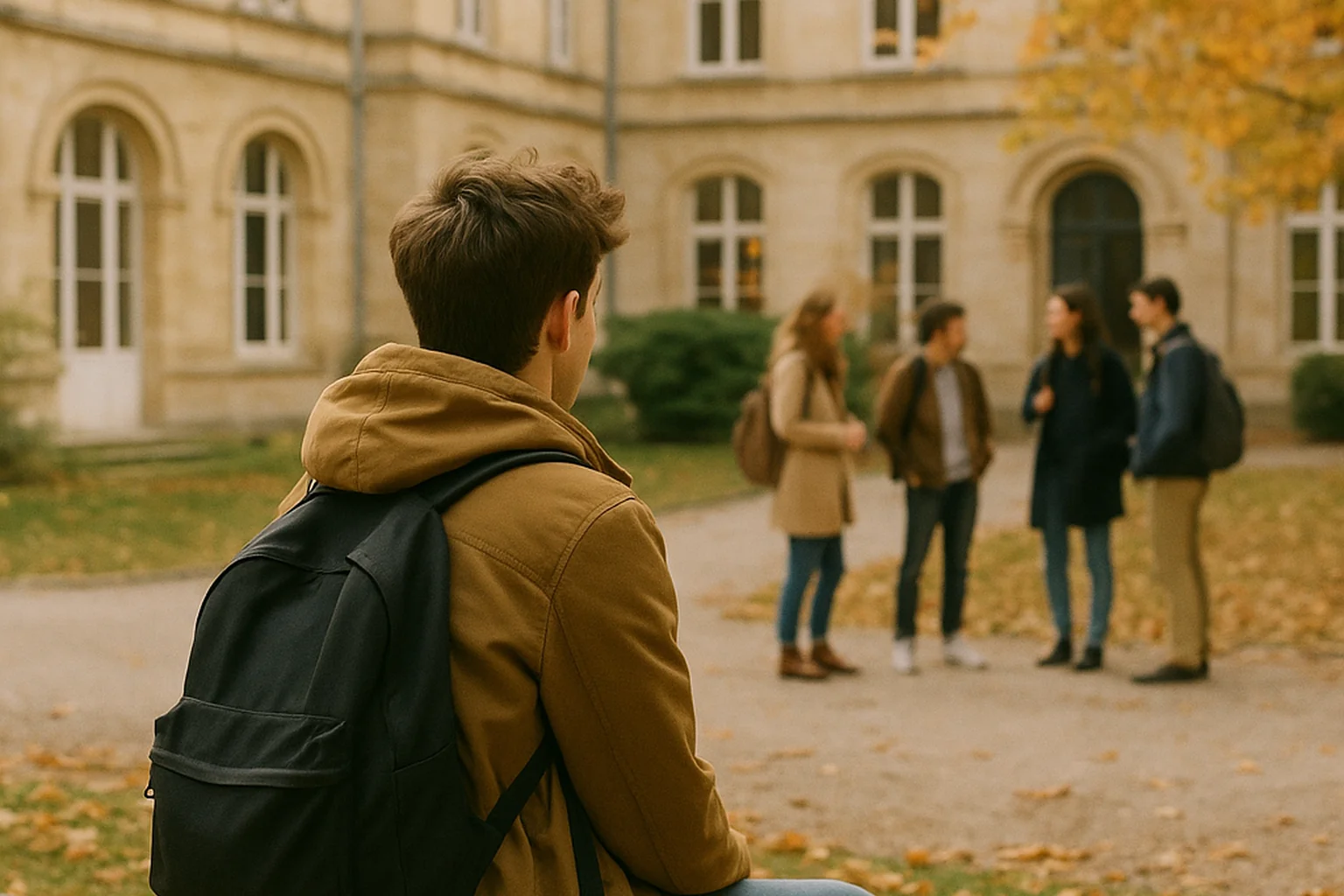 Étudiant seul sur un banc de campus universitaire français, regardant des étudiants discuter en groupe au loin, ambiance automnale douce