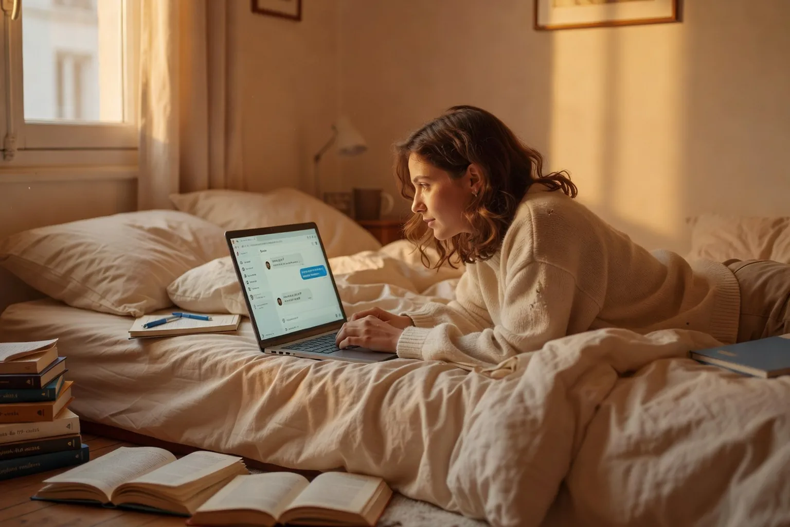 Étudiante allongée sur lit de chambre universitaire avec ordinateur portable ouvert, lumière chaude de fin d'après-midi
