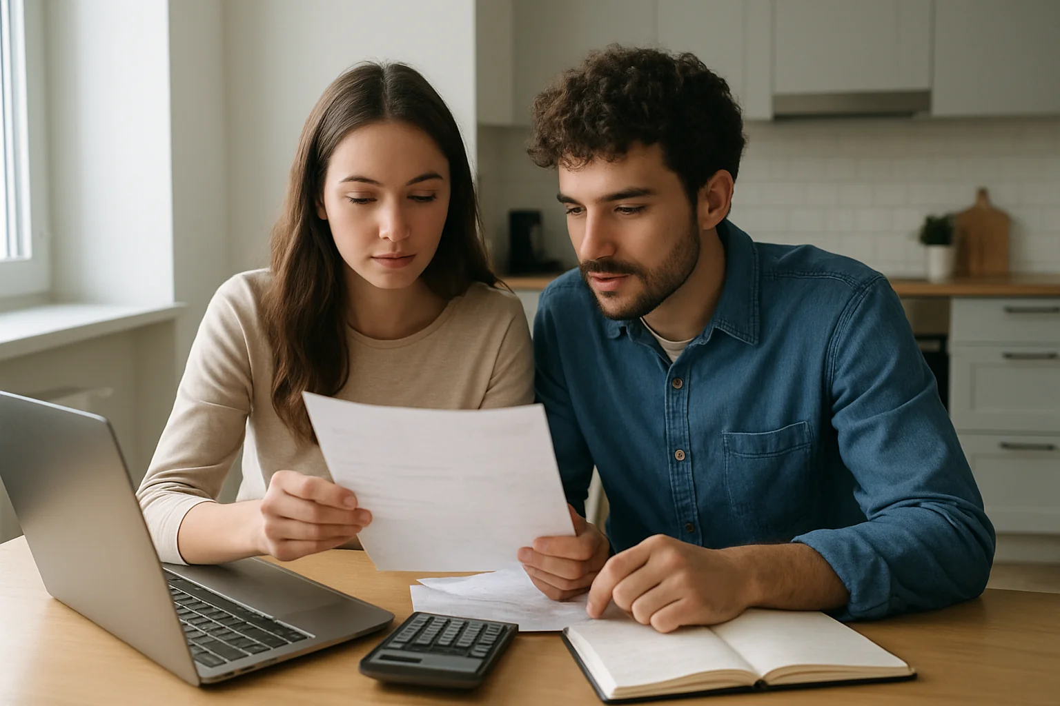 Jeune couple étudiant discutant de son budget à la table d'un appartement lumineux, ordinateur portable et notes devant eux