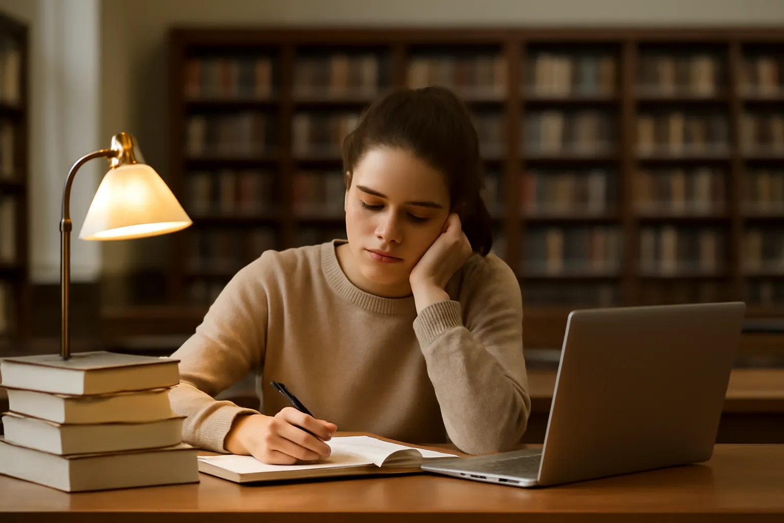 Une jeune femme adulte étudiante relit ses notes de santé à une table de bibliothèque universitaire.