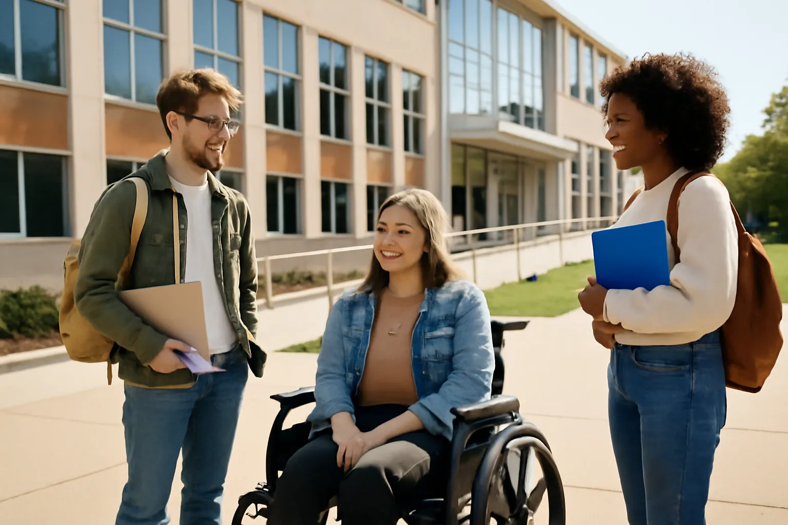 Une jeune femme adulte étudiante en fauteuil roulant échange avec deux camarades devant un bâtiment universitaire