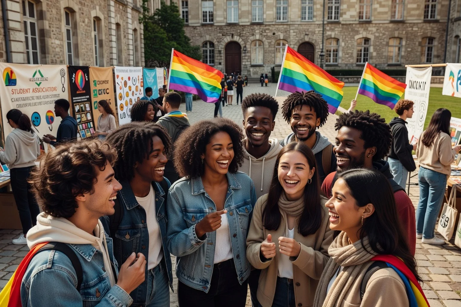 Groupe diversifié d'étudiants souriants avec des drapeaux arc-en-ciel sur un campus universitaire français, ambiance festive à l'occasion d'un événement associatif