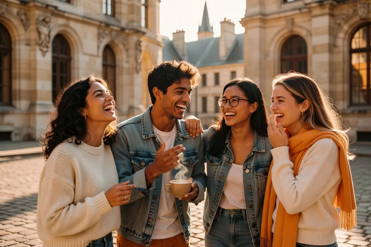 Étudiants sur un campus universitaire français, ambiance chaleureuse et conviviale