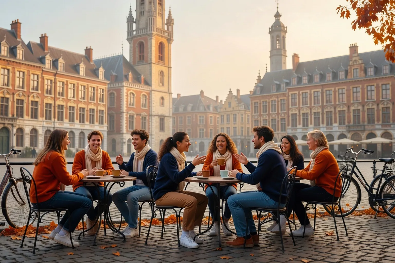 Étudiants attablés sur Grand Place de Lille avec vélos et beffroi en arrière-plan, soleil de fin de journée