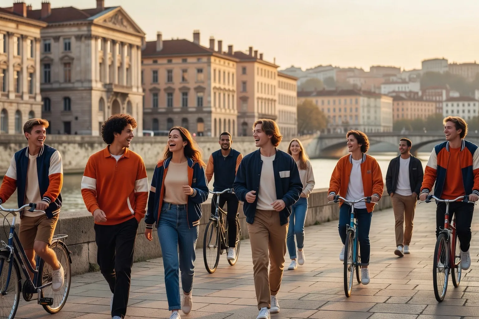 Étudiants sur les berges du Rhône à Lyon avec vélos et bibliothèque universitaire en arrière-plan, fin d'après-midi
