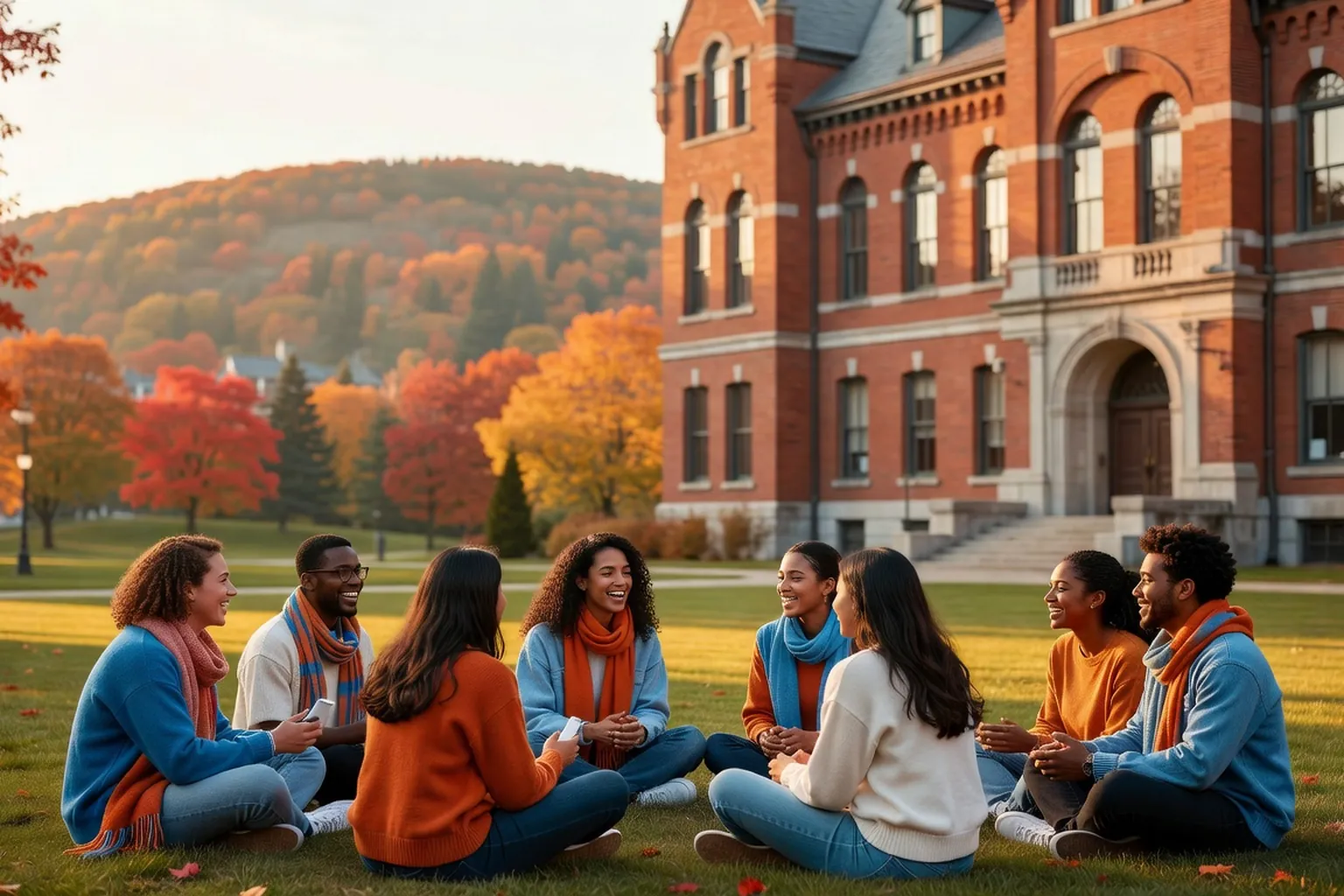 Étudiants devant Université McGill ou UdeM à Montréal avec architecture nord-américaine et autumn leaves, fin d'après-midi