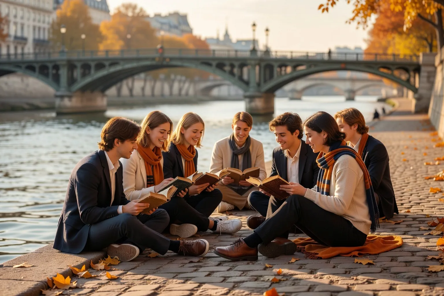 Étudiants assis sur les quais de Seine près de la Sorbonne avec livres et cafés, lumière de fin d'après-midi