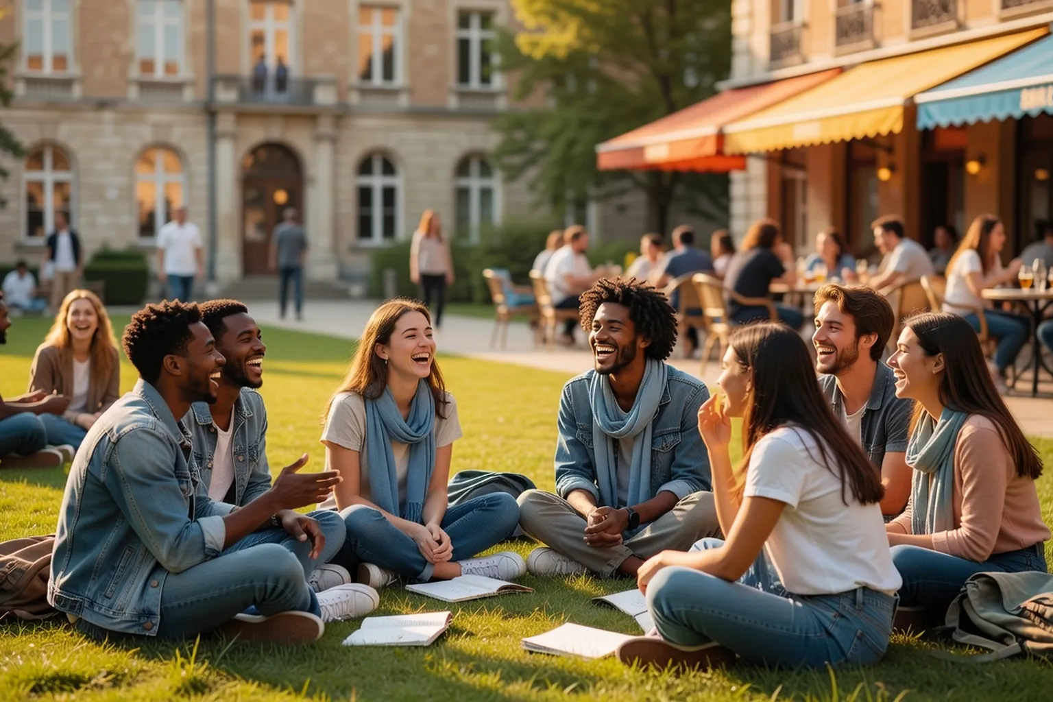 Groupe d'étudiants majeurs discutant et riant ensemble sur la pelouse d'un campus universitaire ensoleillé