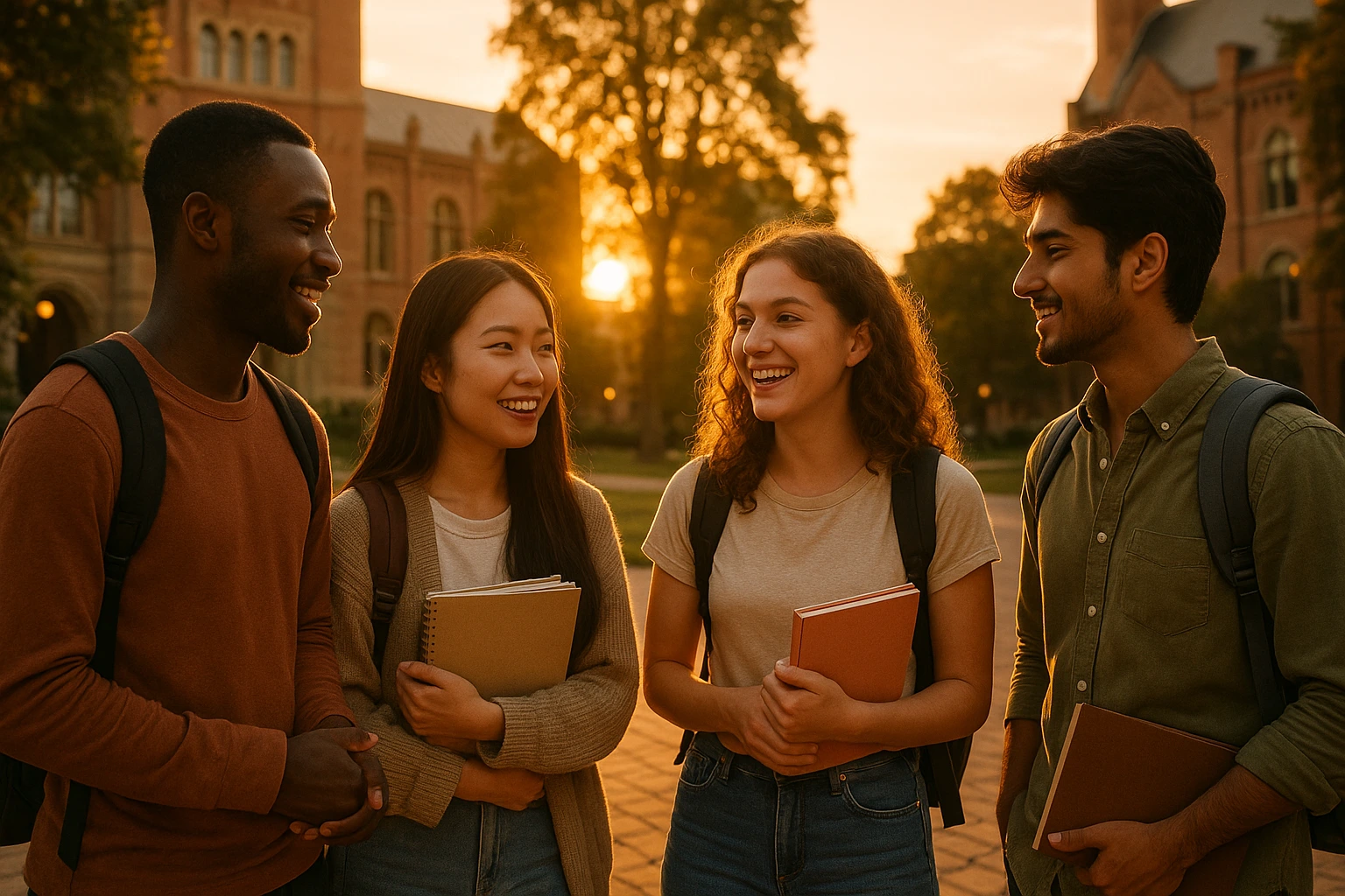 Étudiants internationaux discutant sur un campus à l'étranger au coucher du soleil