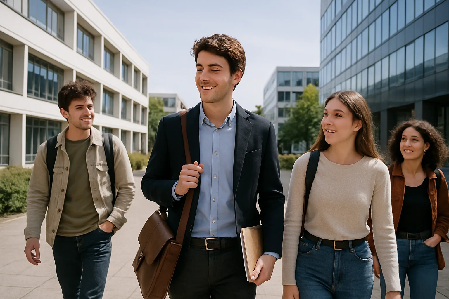 Étudiant en alternance discutant avec des collègues et d'autres étudiants entre un bâtiment universitaire et une entreprise