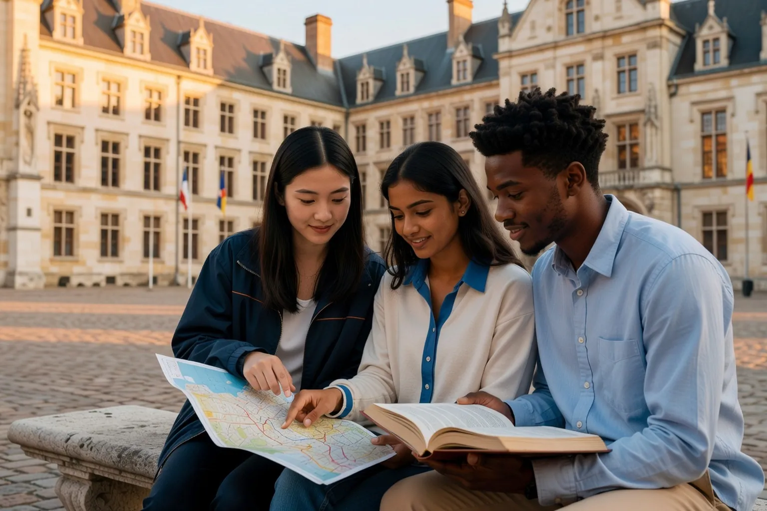 Étudiants internationaux assis ensemble dans cour de campus européen, drapeaux et bâtiments anciens en arrière-plan