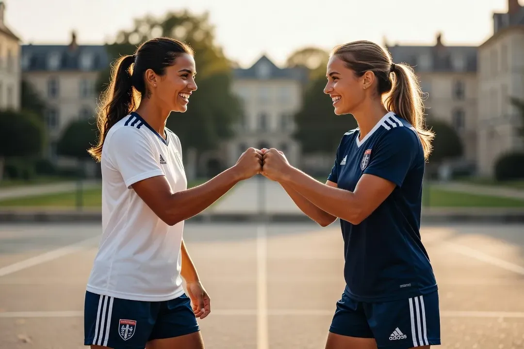 Deux étudiantes souriantes en tenue de sport sur un terrain universitaire, se donnant un check après un match
