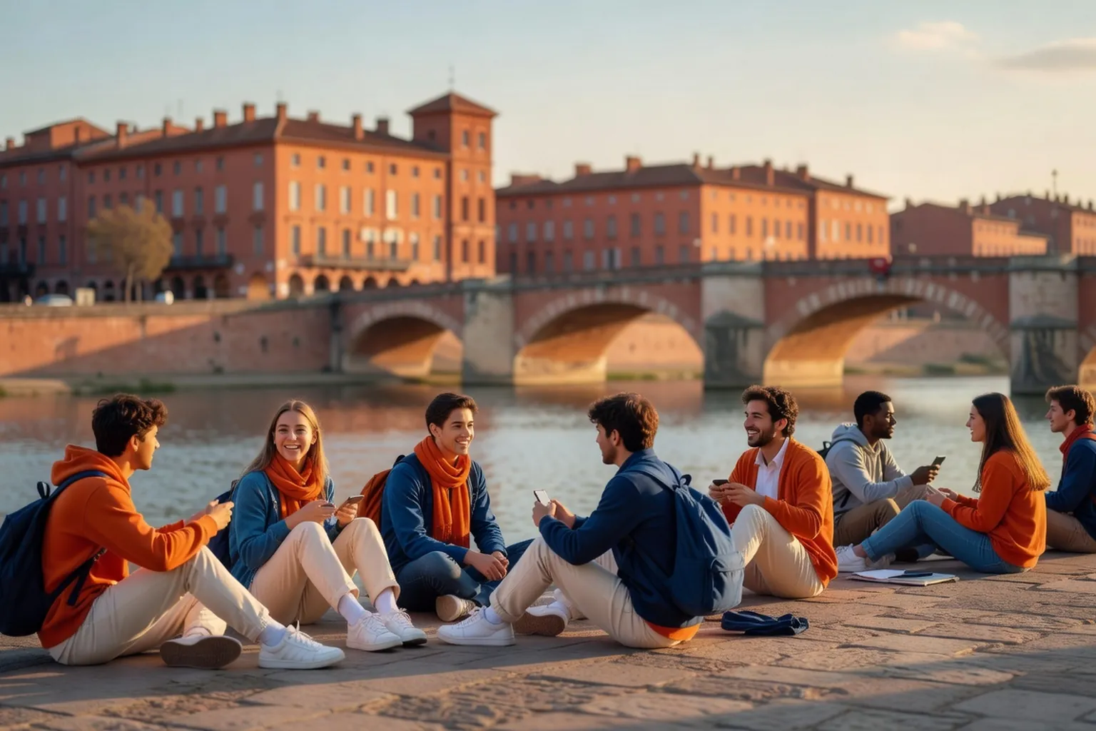 Étudiants sur les berges de la Garonne à Toulouse avec briques roses et Pont Neuf en arrière-plan, soleil méridional