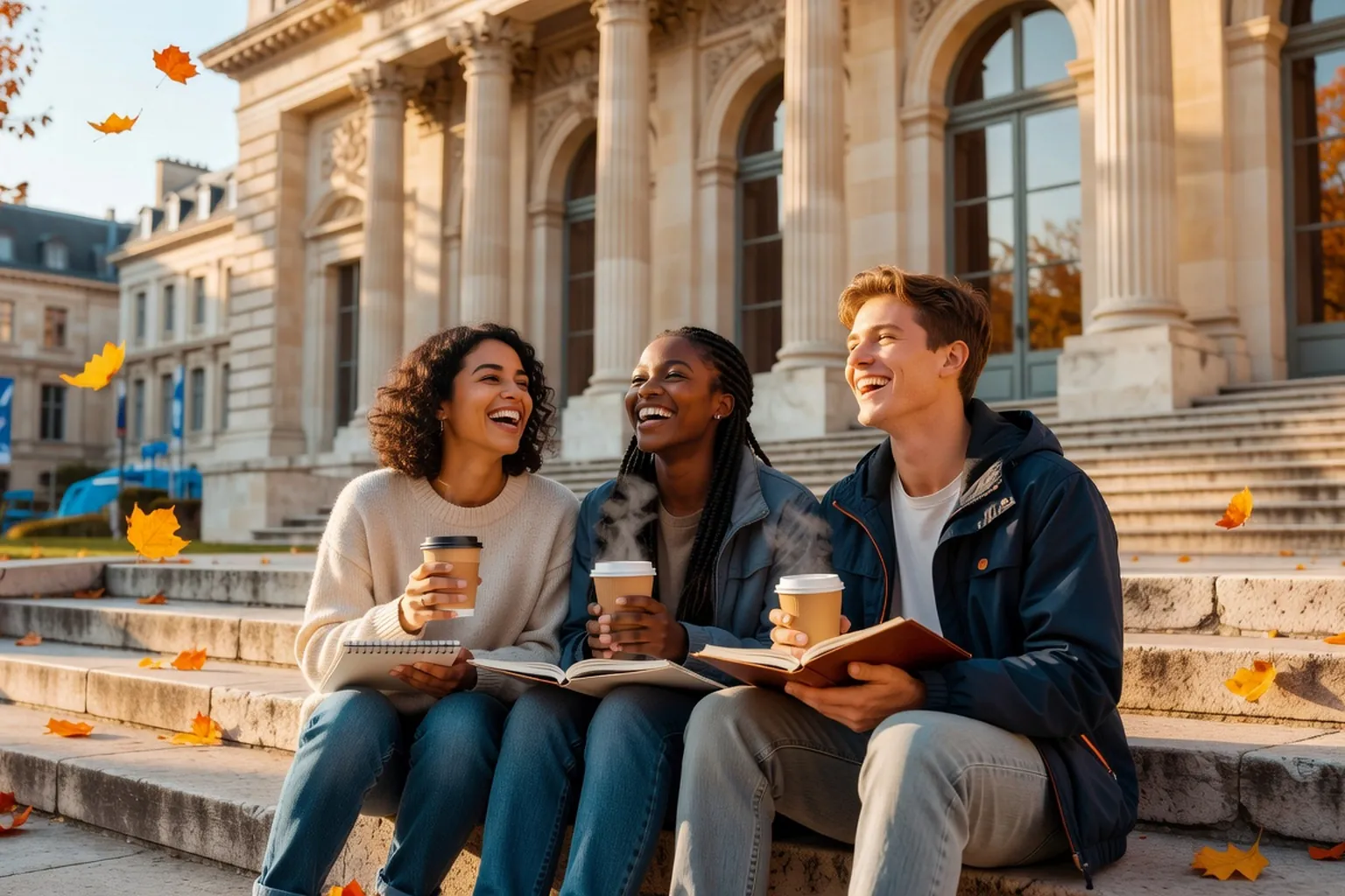 Étudiants assis sur escaliers de bibliothèque universitaire avec carnets et cafés, lumière dorée de fin de journée